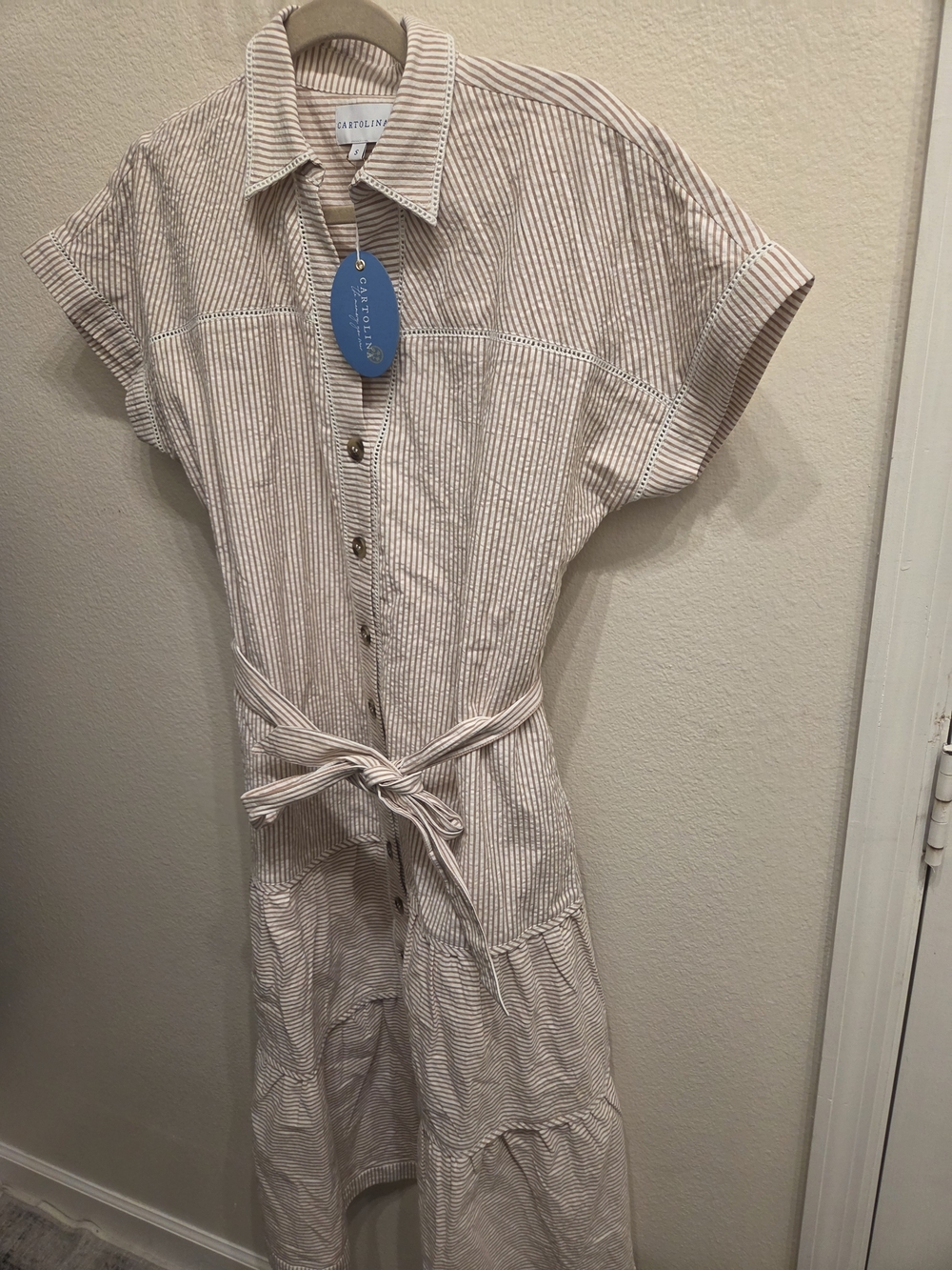 Taupe Stripe Tie-Waist Shirt Dress